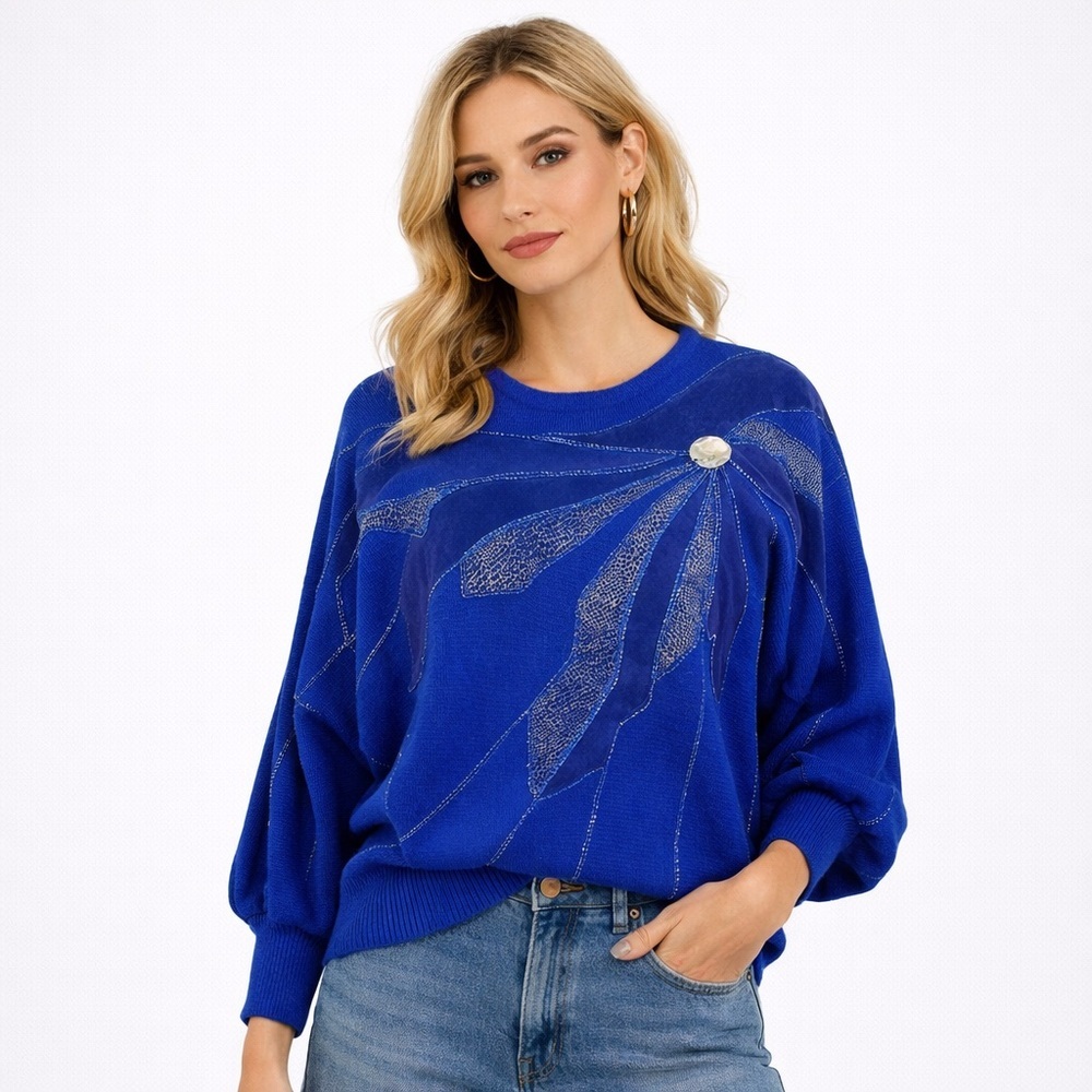 Vintage 1980's Cobalt Blue Dolman Sweater with Gems Size Small Holiday Sweater